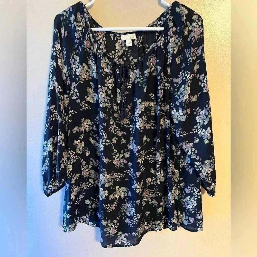 J. Jill Floral Blouse Blue Semi Sheer Tassel Lightweight Large‎